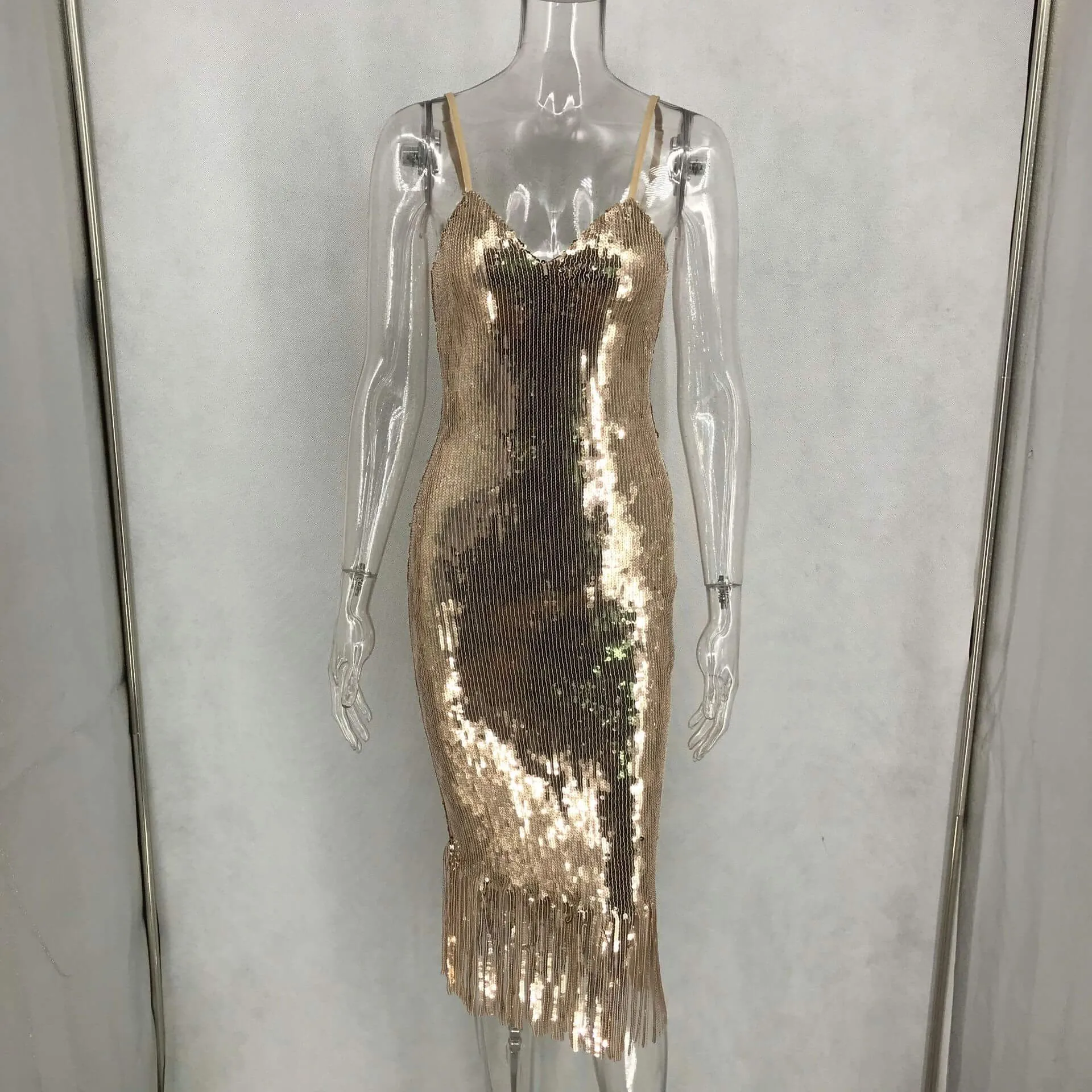 Backless Lined V-neck Sleeveless Sequins Knee-Length Dress