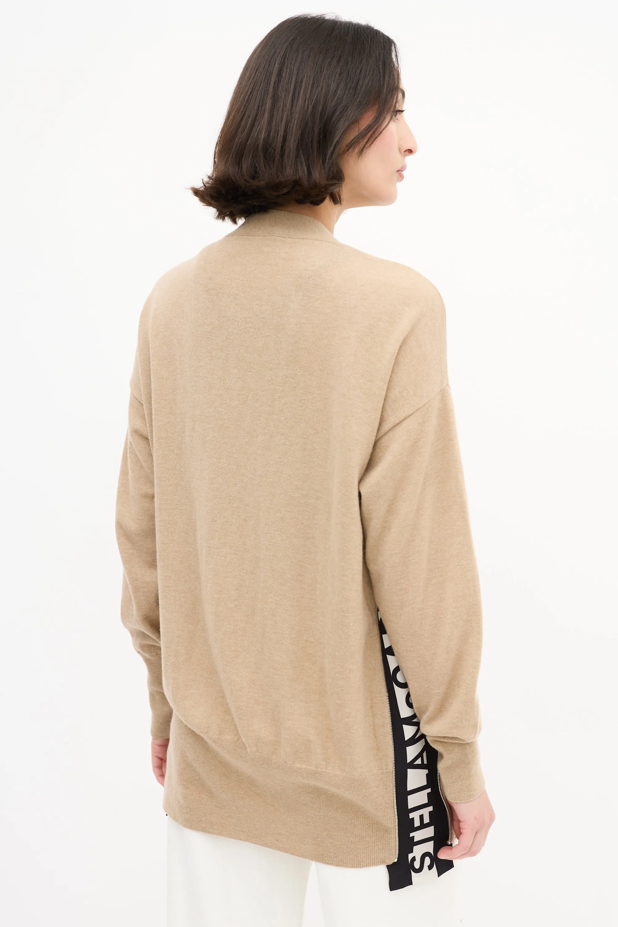 Beige Wool Zip Logo Side Cardigan