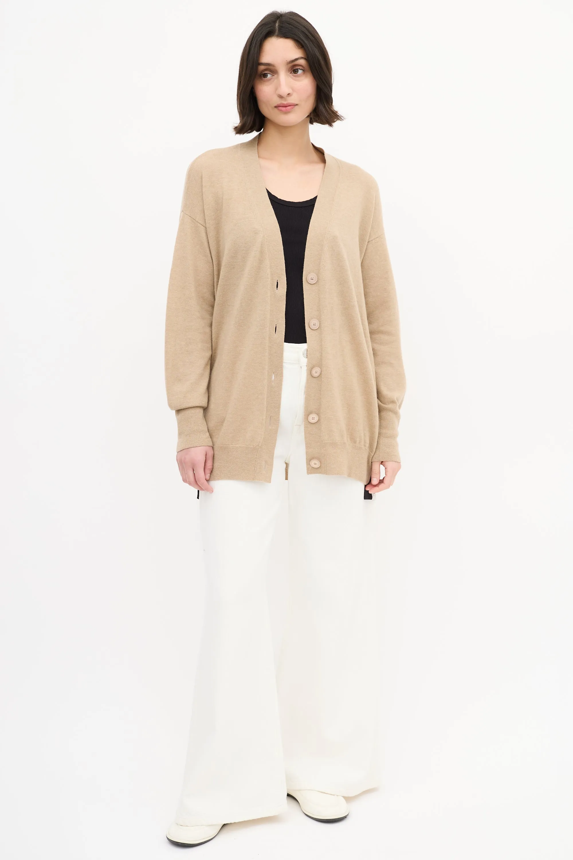 Beige Wool Zip Logo Side Cardigan