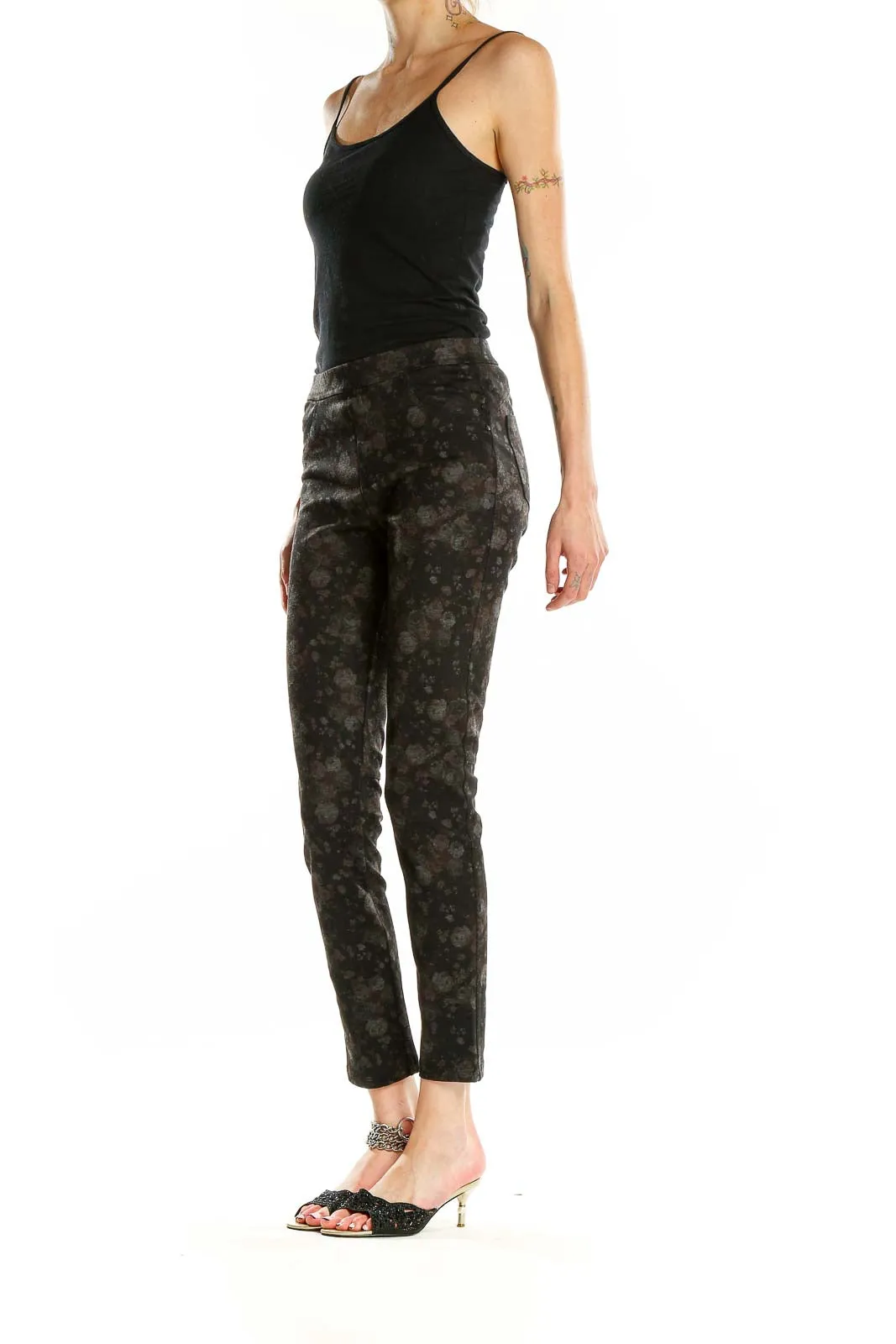 Black Floral Print Slim Fit Pants
