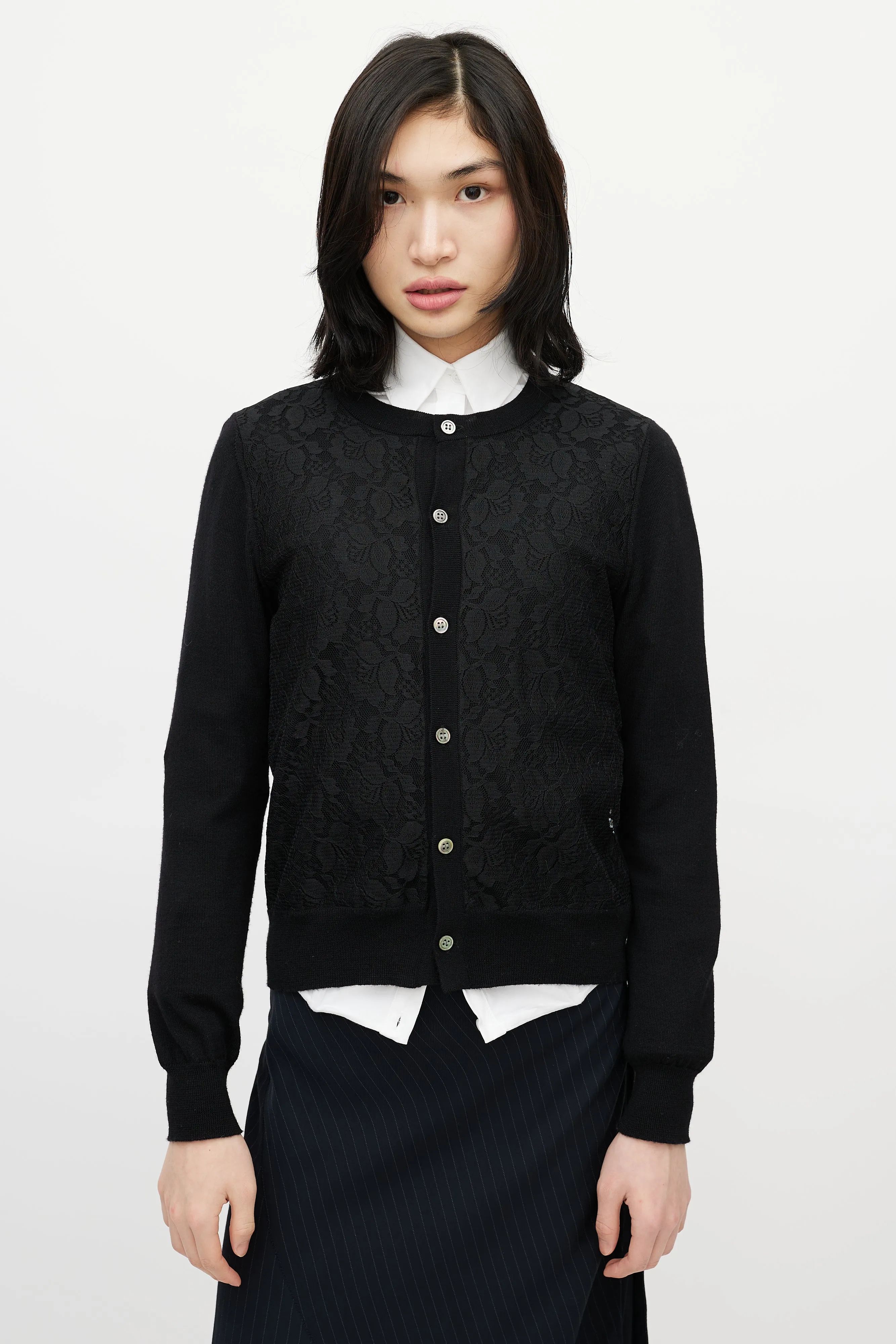 Black Knit & Lace Front Cardigan