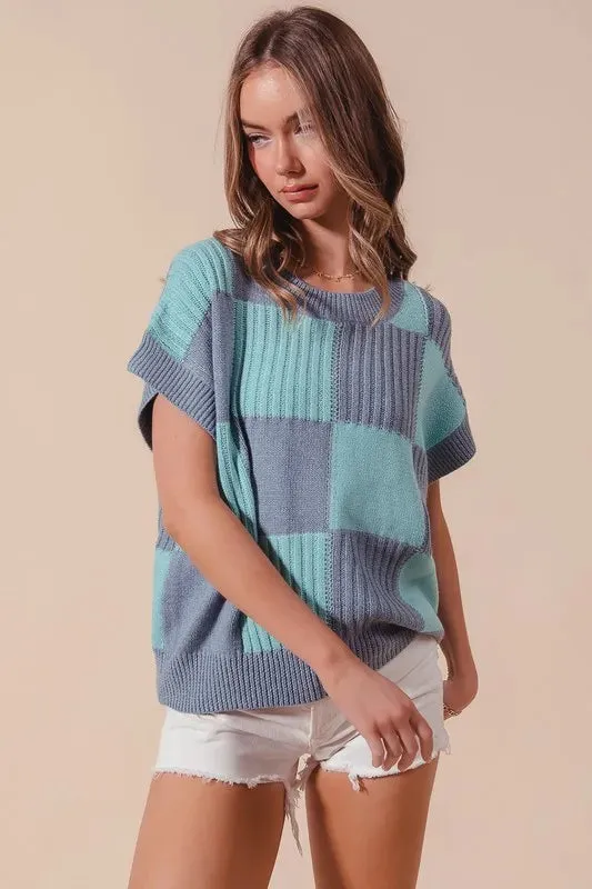 Blue & Mint Colorblock Check Plaid Knit Sweater Top