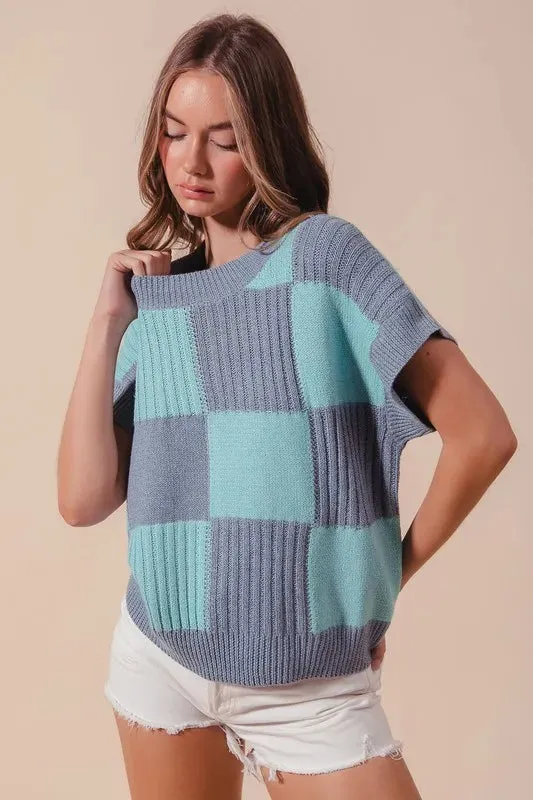 Blue & Mint Colorblock Check Plaid Knit Sweater Top