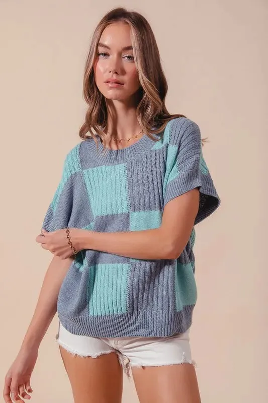 Blue & Mint Colorblock Check Plaid Knit Sweater Top