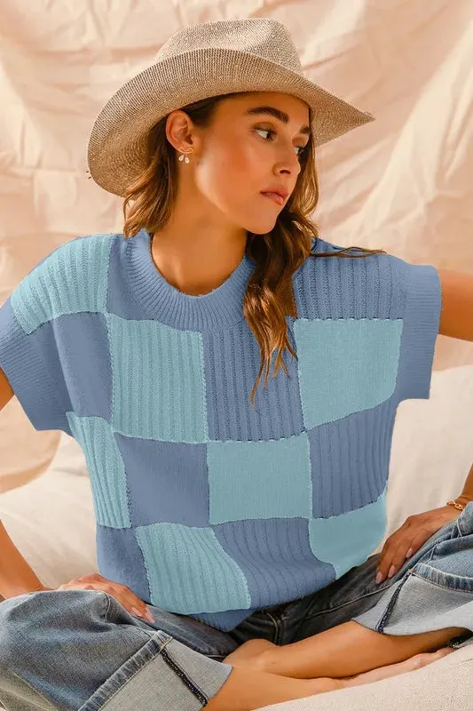 Blue & Mint Colorblock Check Plaid Knit Sweater Top
