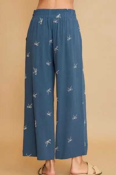 Blue Embroidered Bow Wide Leg Pants – Linen Blend, Lace Drawstring