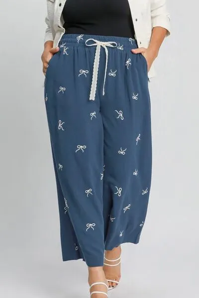 Blue Embroidered Bow Wide Leg Pants – Linen Blend, Lace Drawstring
