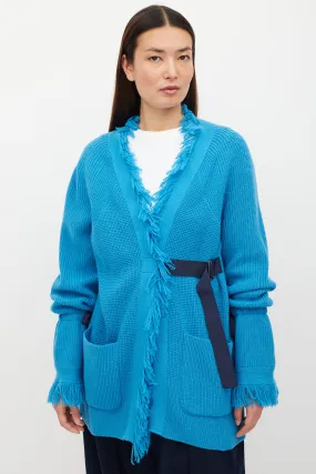 Blue Wool Fringe Knit Cardigan