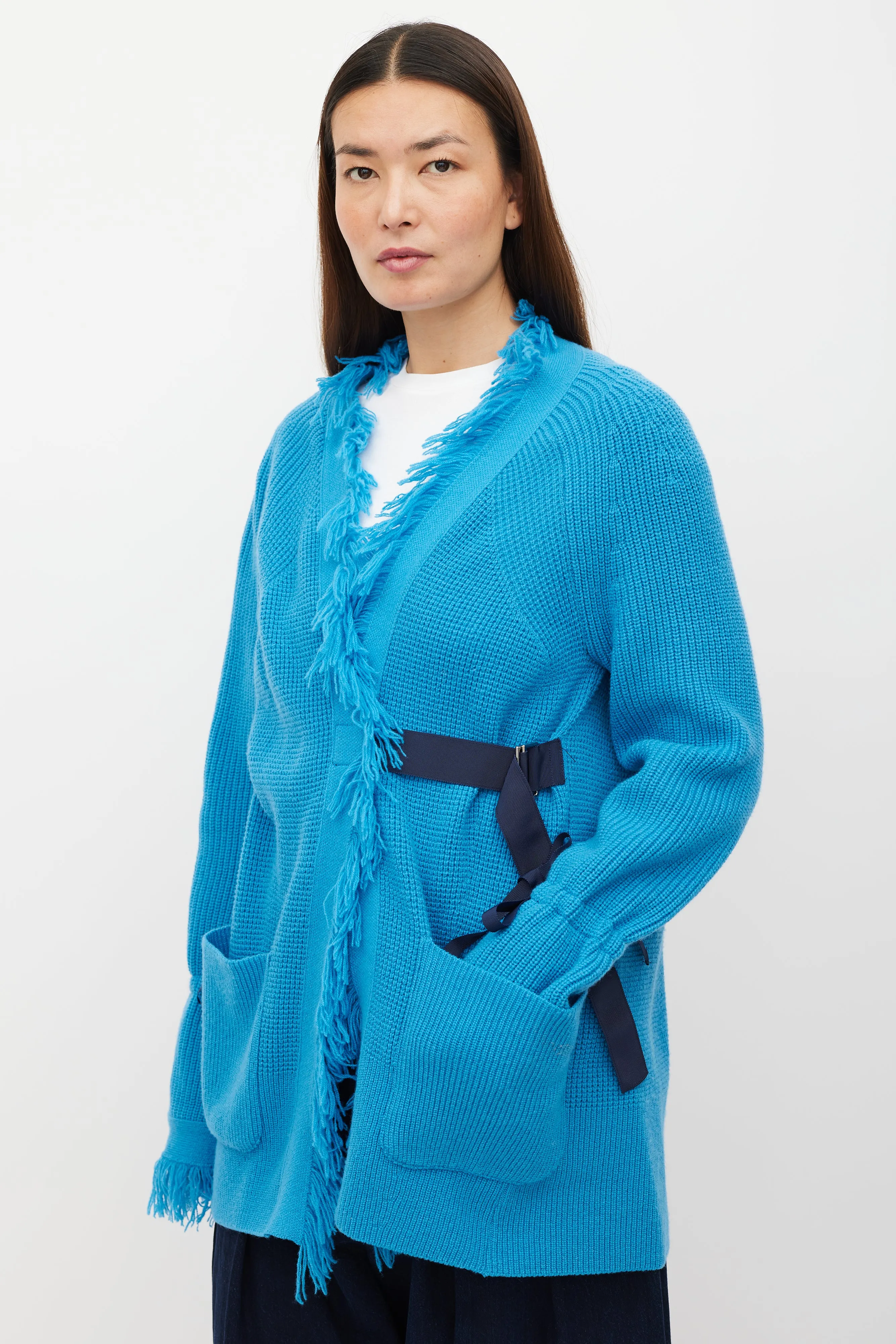 Blue Wool Fringe Knit Cardigan