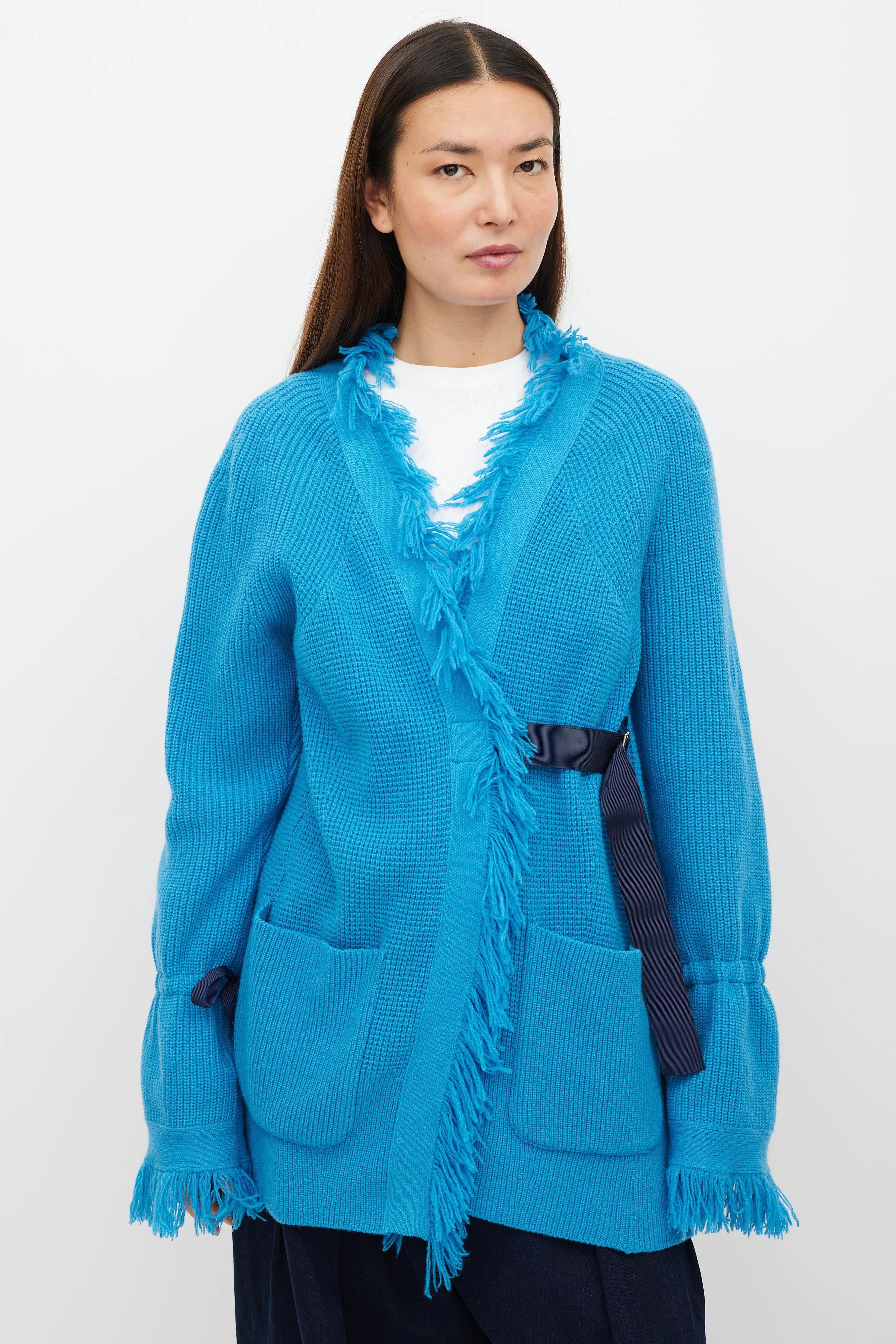 Blue Wool Fringe Knit Cardigan