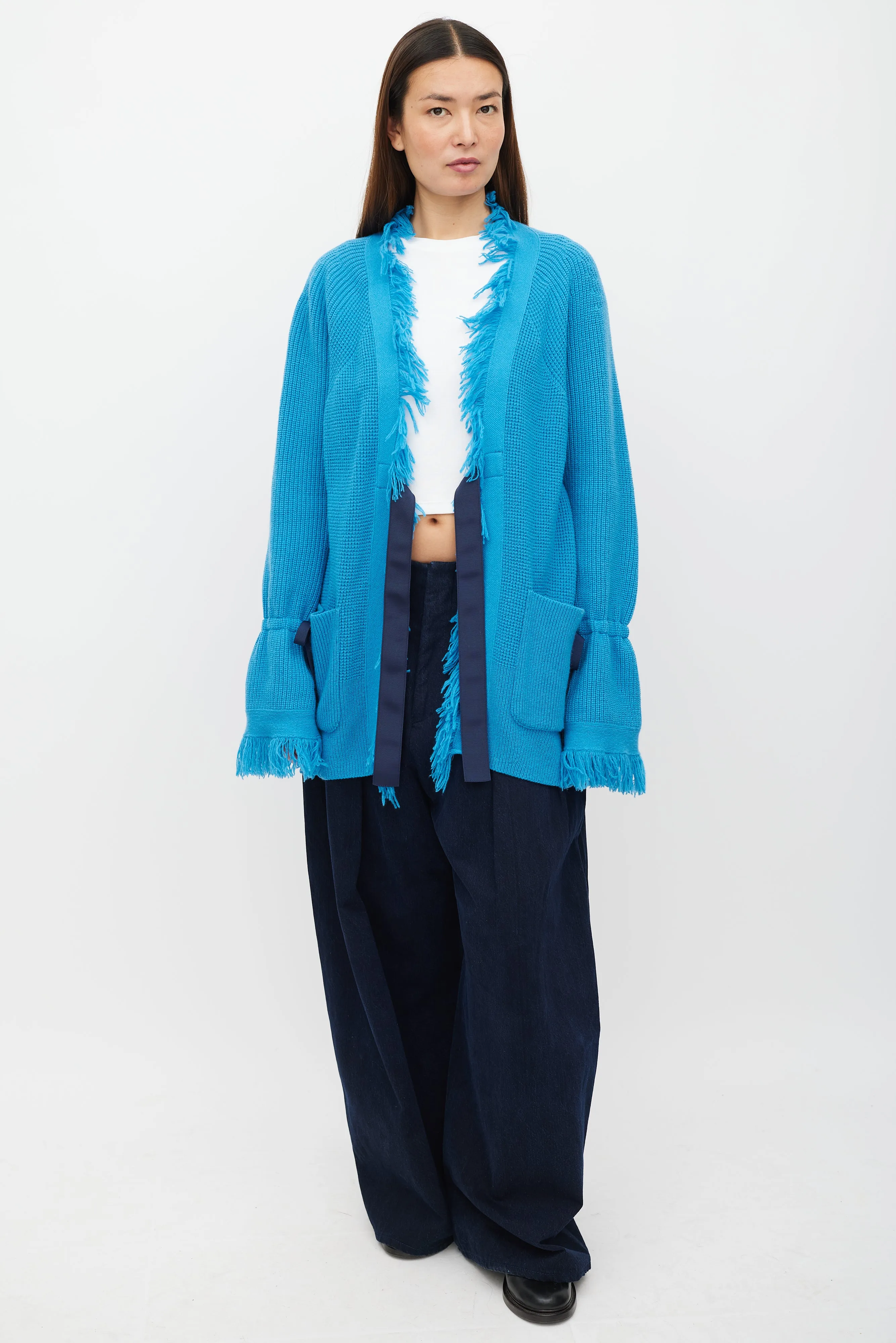 Blue Wool Fringe Knit Cardigan