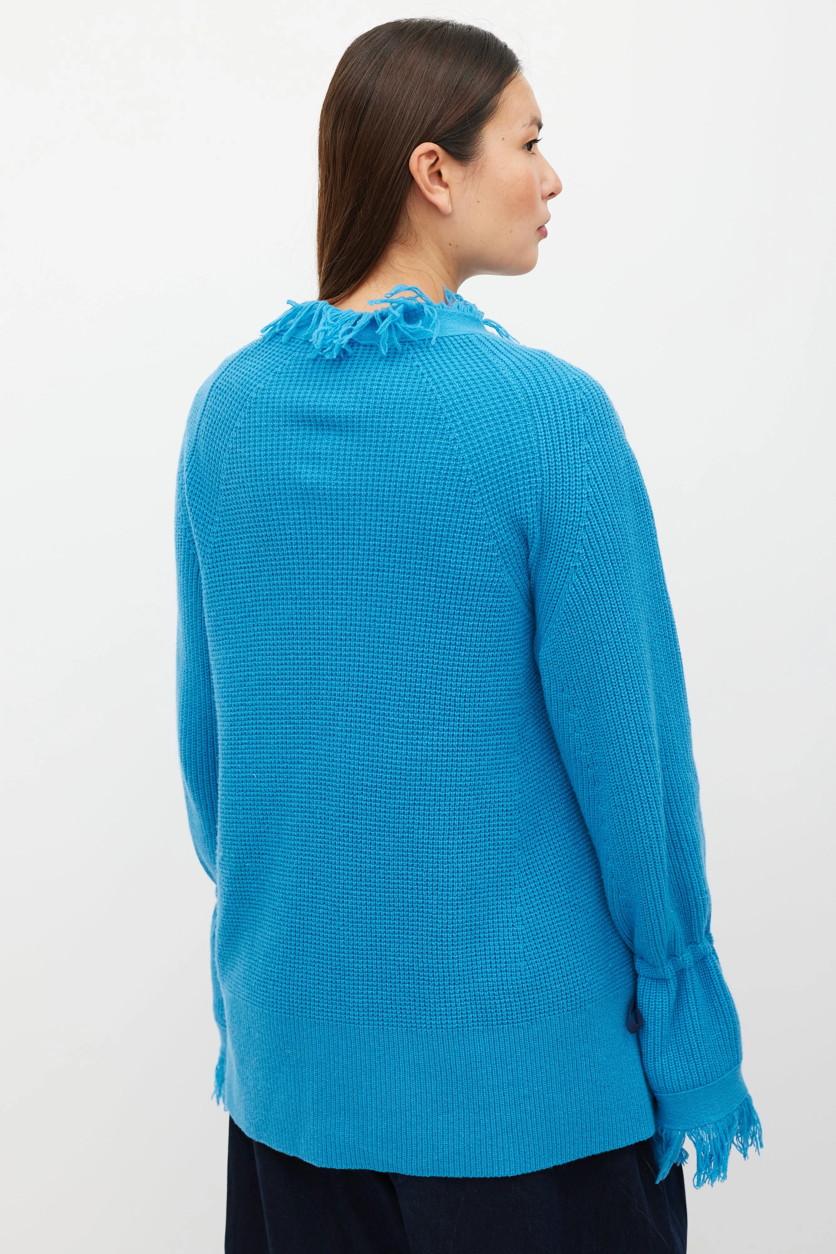 Blue Wool Fringe Knit Cardigan