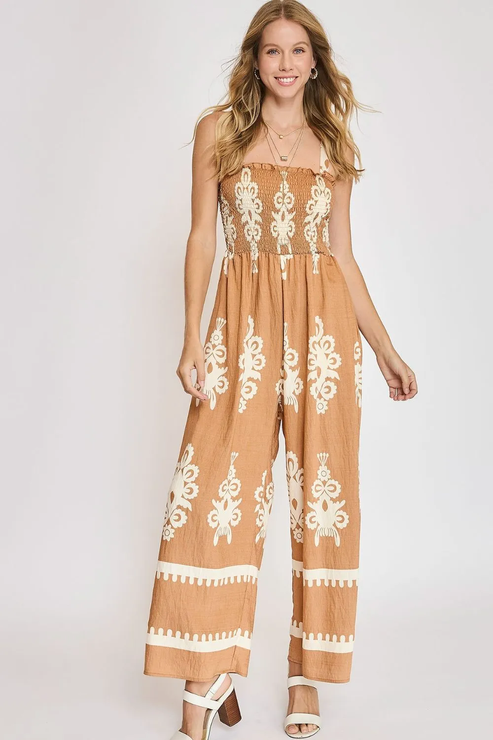 Boho Smocked Wide-Leg Jumpsuit in Rust with Embroidered Print