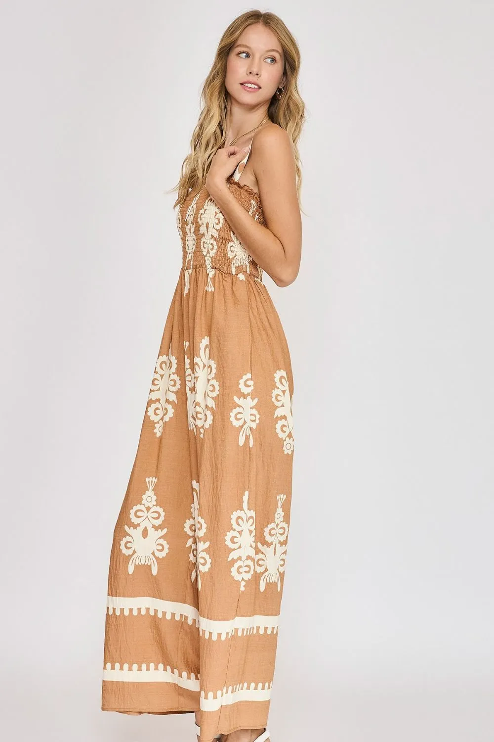 Boho Smocked Wide-Leg Jumpsuit in Rust with Embroidered Print