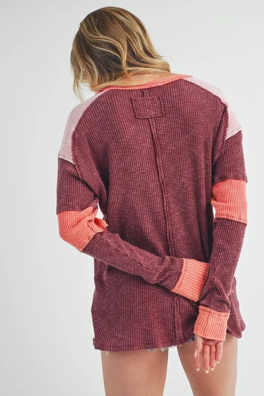 Burgundy Color Block Raw Hem Long Sleeve Ribbed Knit Top