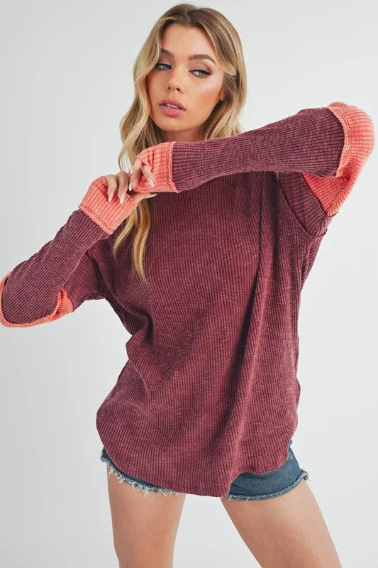 Burgundy Color Block Raw Hem Long Sleeve Ribbed Knit Top