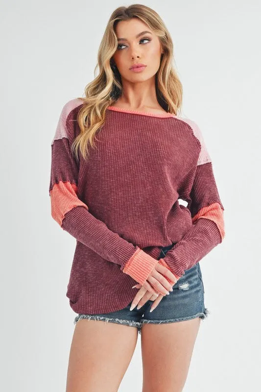 Burgundy Color Block Raw Hem Long Sleeve Ribbed Knit Top