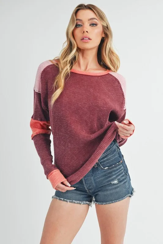 Burgundy Color Block Raw Hem Long Sleeve Ribbed Knit Top