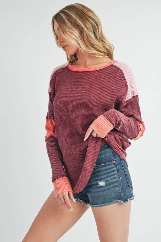 Burgundy Color Block Raw Hem Long Sleeve Ribbed Knit Top
