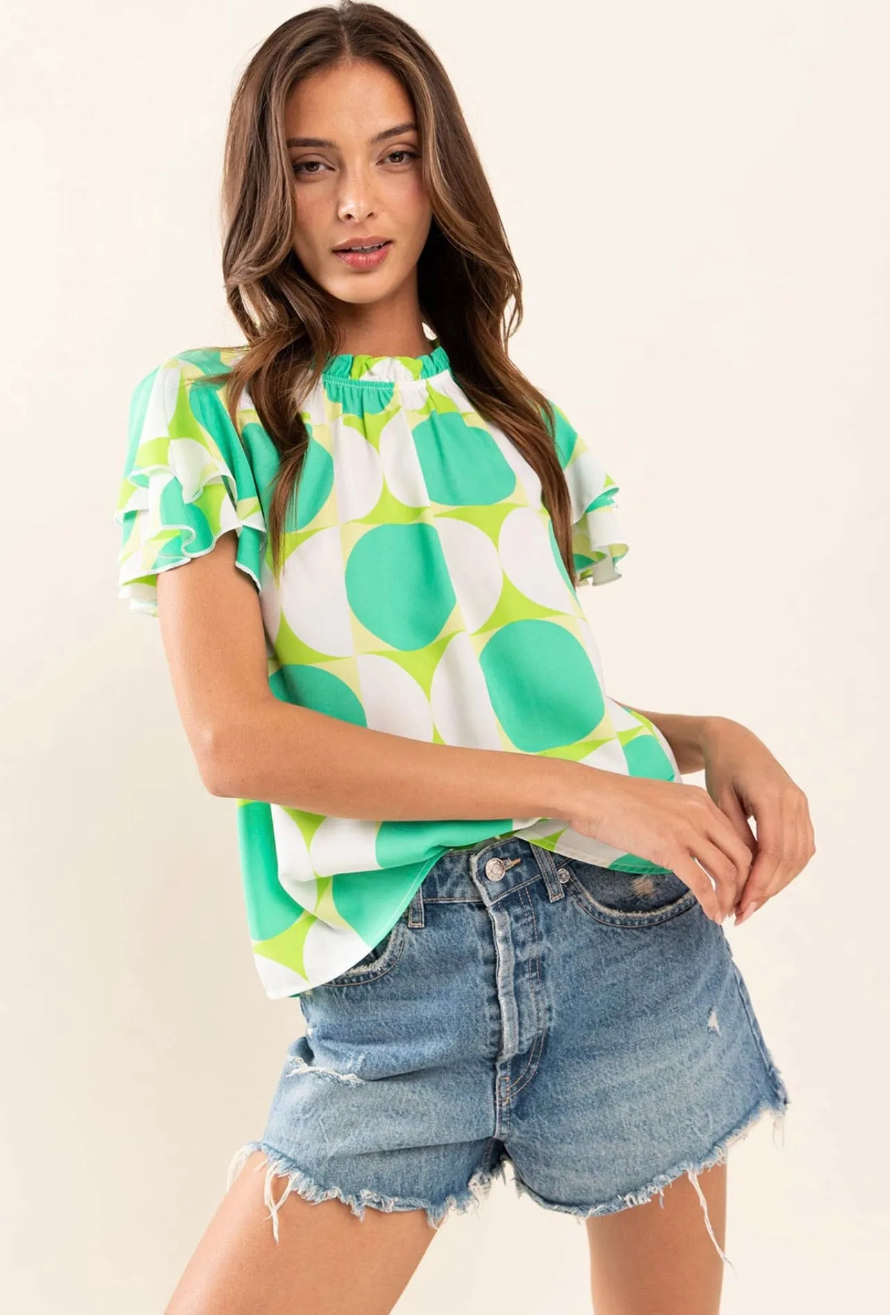 Geometric Woven Ruffle Short Sleeve Top