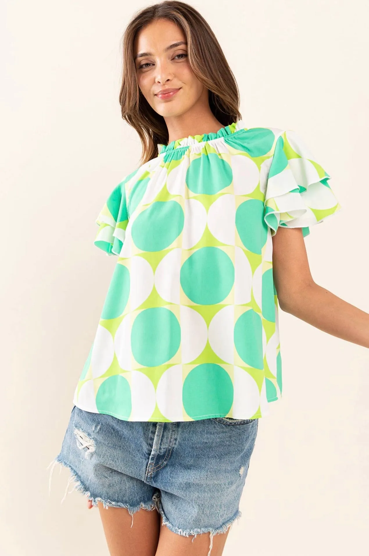 Geometric Woven Ruffle Short Sleeve Top