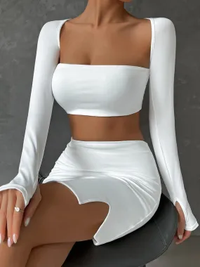 Hulianfu 2 PCS Sexy White Mini Dress Set Long Sleeve Top Summer Skirts Suits Bodycon Women Party Short Split Dress Suit