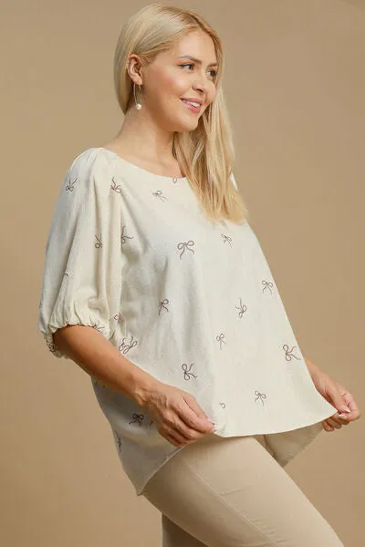 Linen Blend Embroidered Bow Detail Blouse