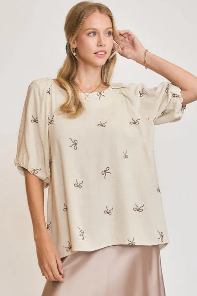 Linen Blend Embroidered Bow Detail Blouse