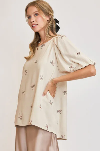 Linen Blend Embroidered Bow Detail Blouse
