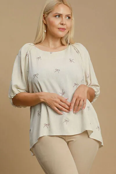 Linen Blend Embroidered Bow Detail Blouse