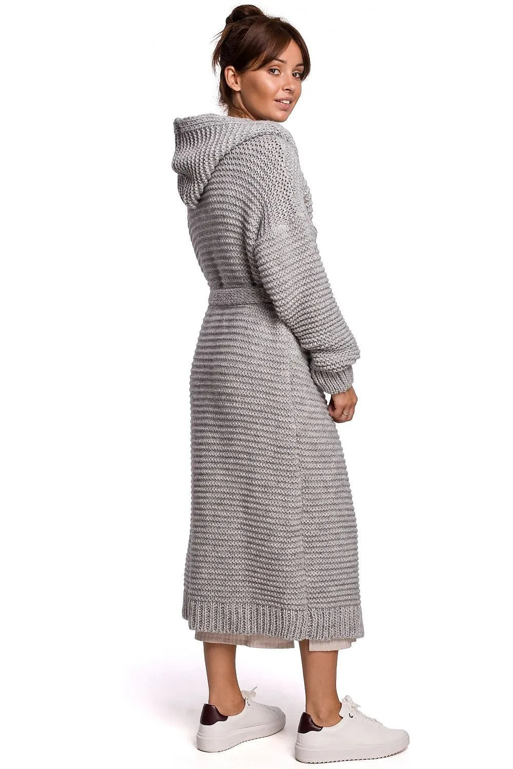 Long Hooded Cardigan with Belt
