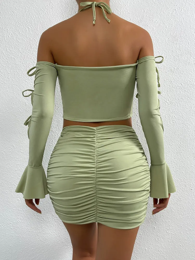 Long Sleeve Off Shoulder Crop Tops & Ruched Skirts