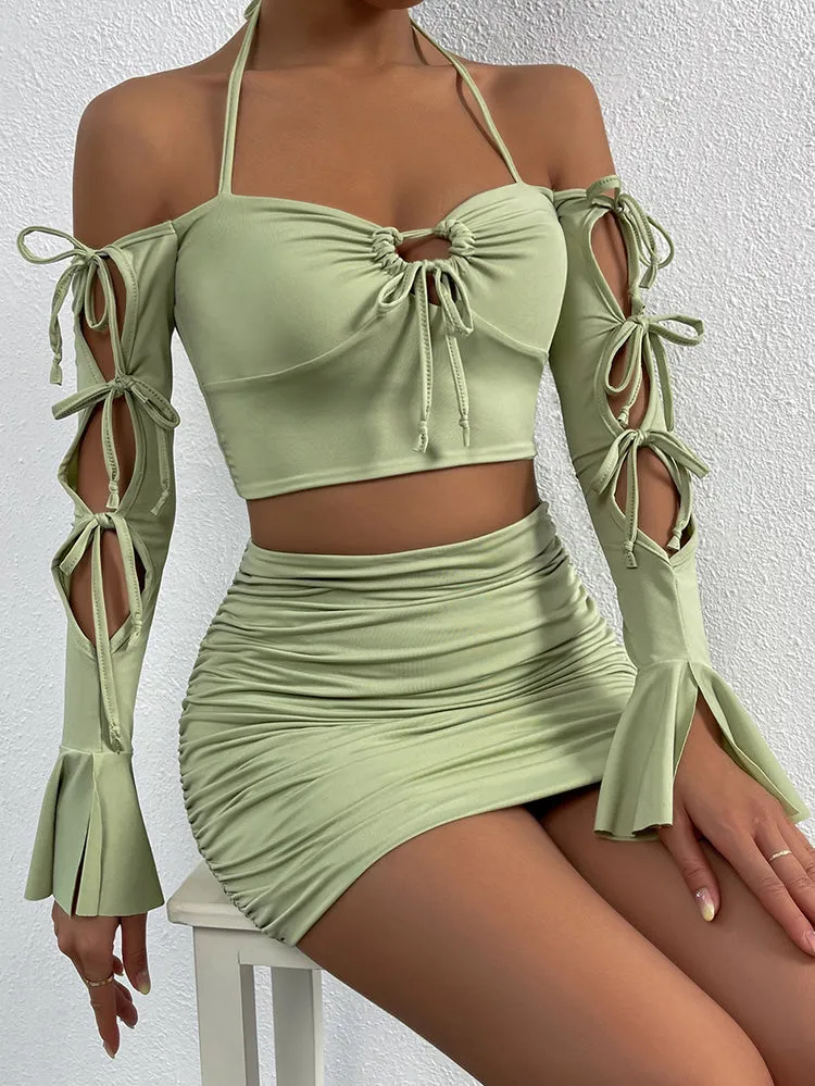 Long Sleeve Off Shoulder Crop Tops & Ruched Skirts