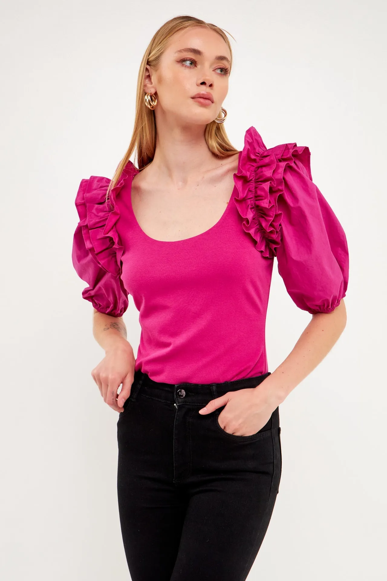 Mixed Media Ruffle Detail Fitted Top