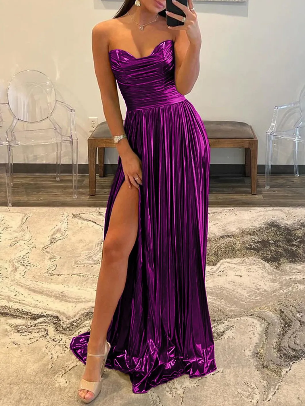 Oakley | Green Metallic Strapless Pleated A-Line Long Prom Dresses