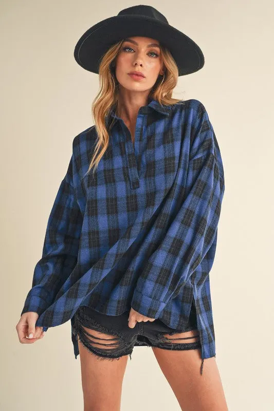 Oversized High-Low Plaid Polo Shirt – Blue and Black Long Sleeve Tunic