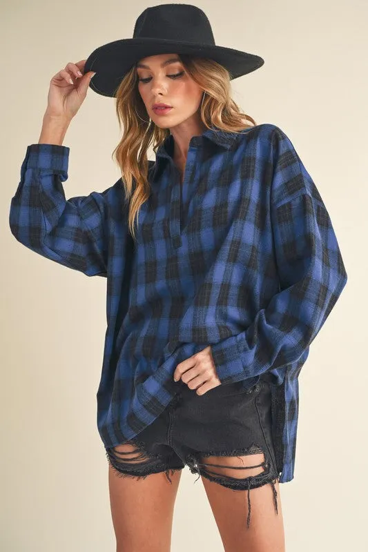 Oversized High-Low Plaid Polo Shirt – Blue and Black Long Sleeve Tunic