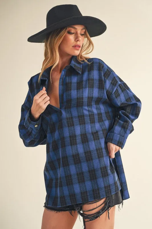 Oversized High-Low Plaid Polo Shirt – Blue and Black Long Sleeve Tunic