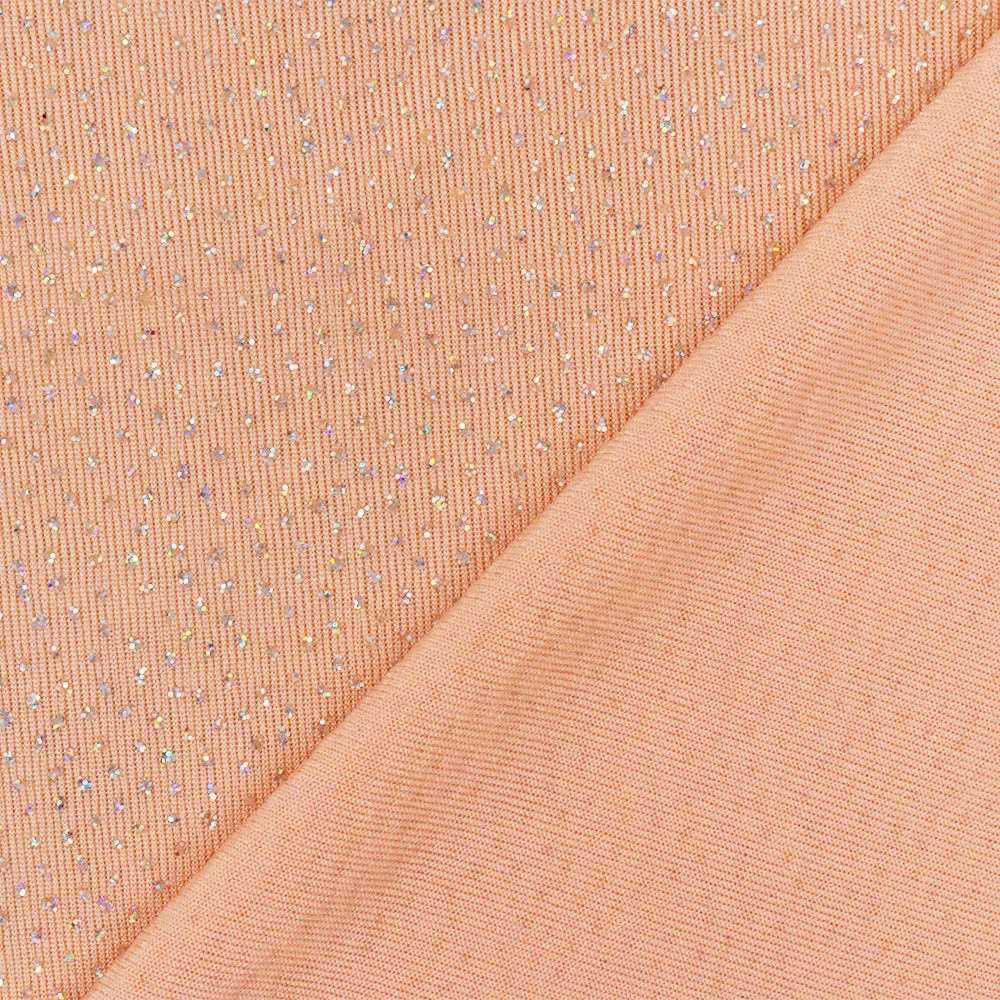 Peach Orange-Silver Sparkly Metallic Printed Stretch Slinky Knit Fabric