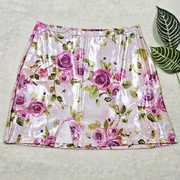 Pink Rose Mini Skirt | Bodycon High Waisted w/ Stretch S