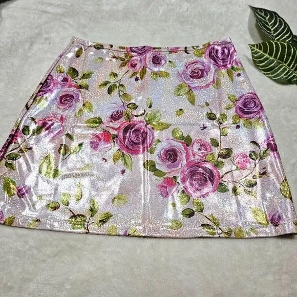 Pink Rose Mini Skirt | Bodycon High Waisted w/ Stretch S