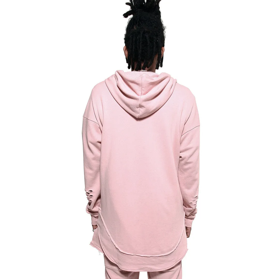 Rose Quartz Curved Hem Men Distressed Scoop Hoodie