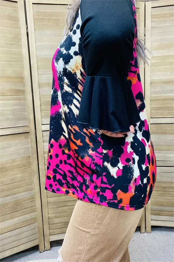 YMY15525 Fuchsia/black leopard multi color printed block black color 3/4 sleeve/ruffle bottom women tops