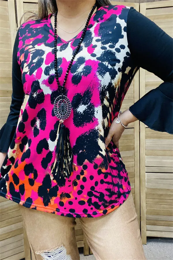 YMY15525 Fuchsia/black leopard multi color printed block black color 3/4 sleeve/ruffle bottom women tops