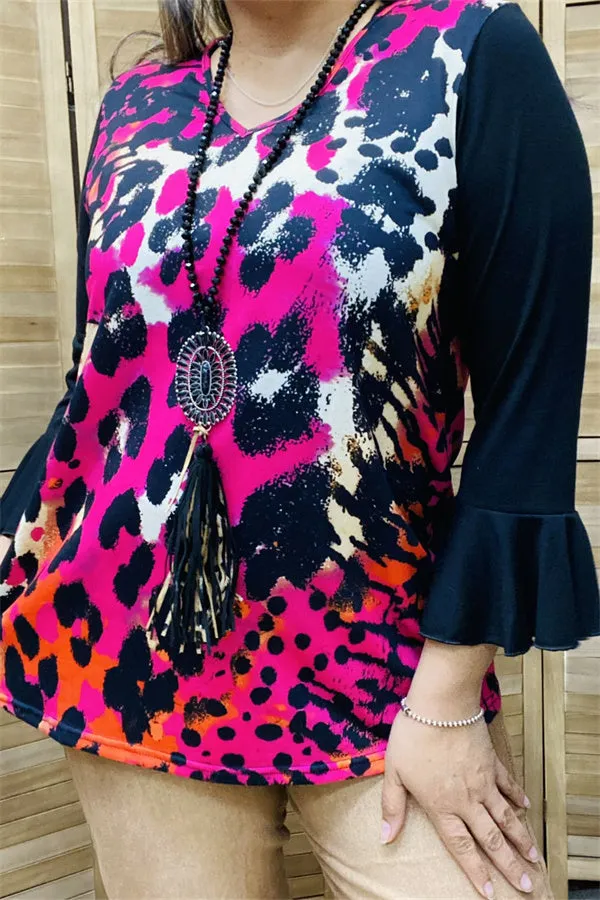 YMY15525 Fuchsia/black leopard multi color printed block black color 3/4 sleeve/ruffle bottom women tops