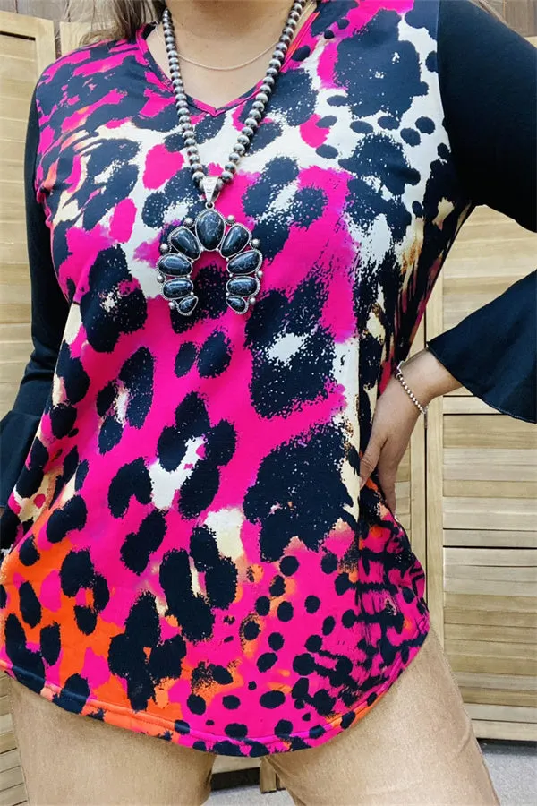 YMY15525 Fuchsia/black leopard multi color printed block black color 3/4 sleeve/ruffle bottom women tops